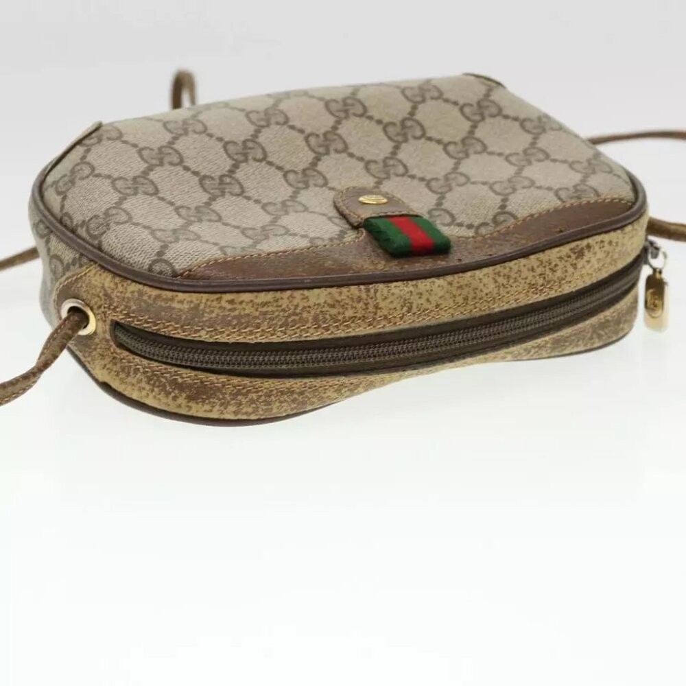 GUCCI Web Sherry Line GG Canvas Shoulder Bag PVC Leather Beige Green Auth - Picture 3 of 7
